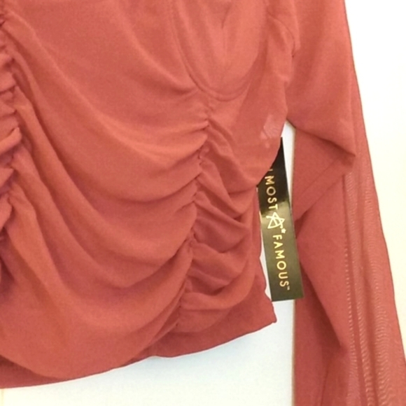 ALMOST FAMOUS SHEER RUCHED PEASANT CROP TOP SIZE LARGE JUNIORS NWT - Picture 7 of 11